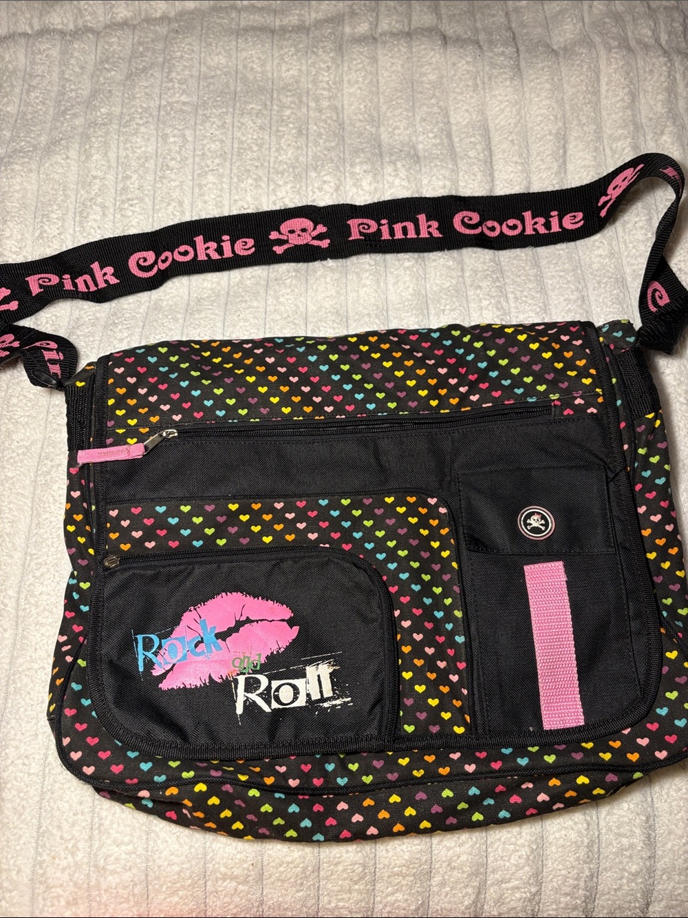 Pink Cookie Black Crossbody Bag with Multicolor Heart Print and Pink Strap